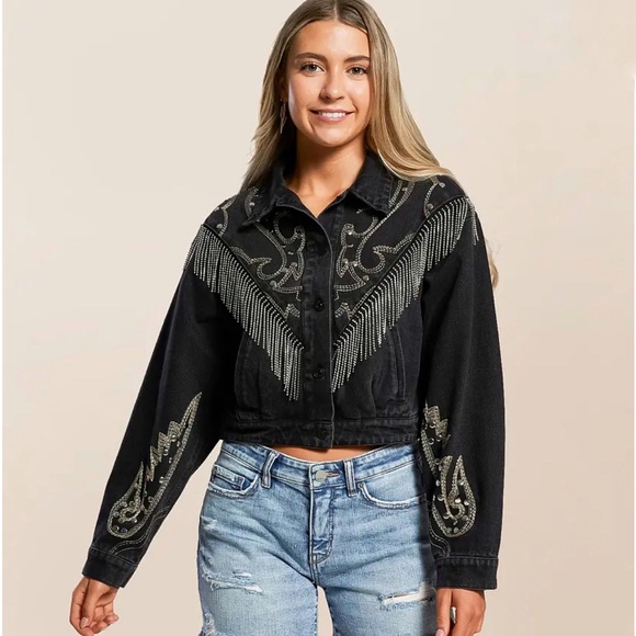 blue b Jackets & Blazers - NEW blue b Black Rhinestone Chevron Fringe Cowboy Stitch Western Denim Jacket S